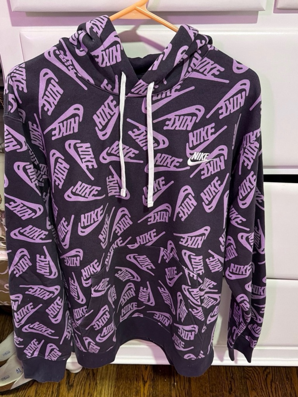 Nike Black Hoodie with Lavender All-Over Logo Print